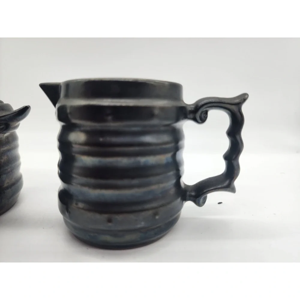 Vintage Japanese Red Ware Black Iridescent Ribbed Ceramic Sugar and Creamer Set
